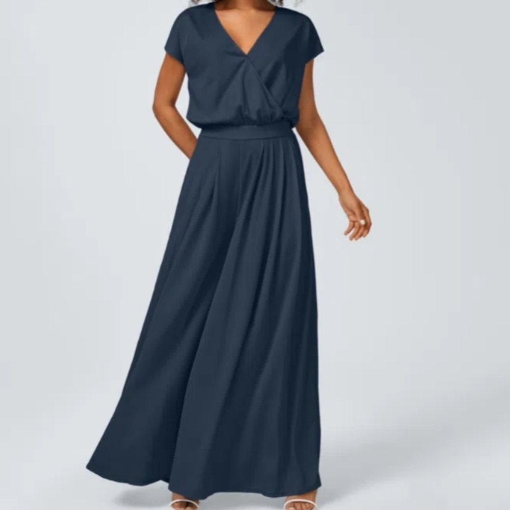 V Neck Short Sleeve Wide Leg Waffle Knit Jumpsuit